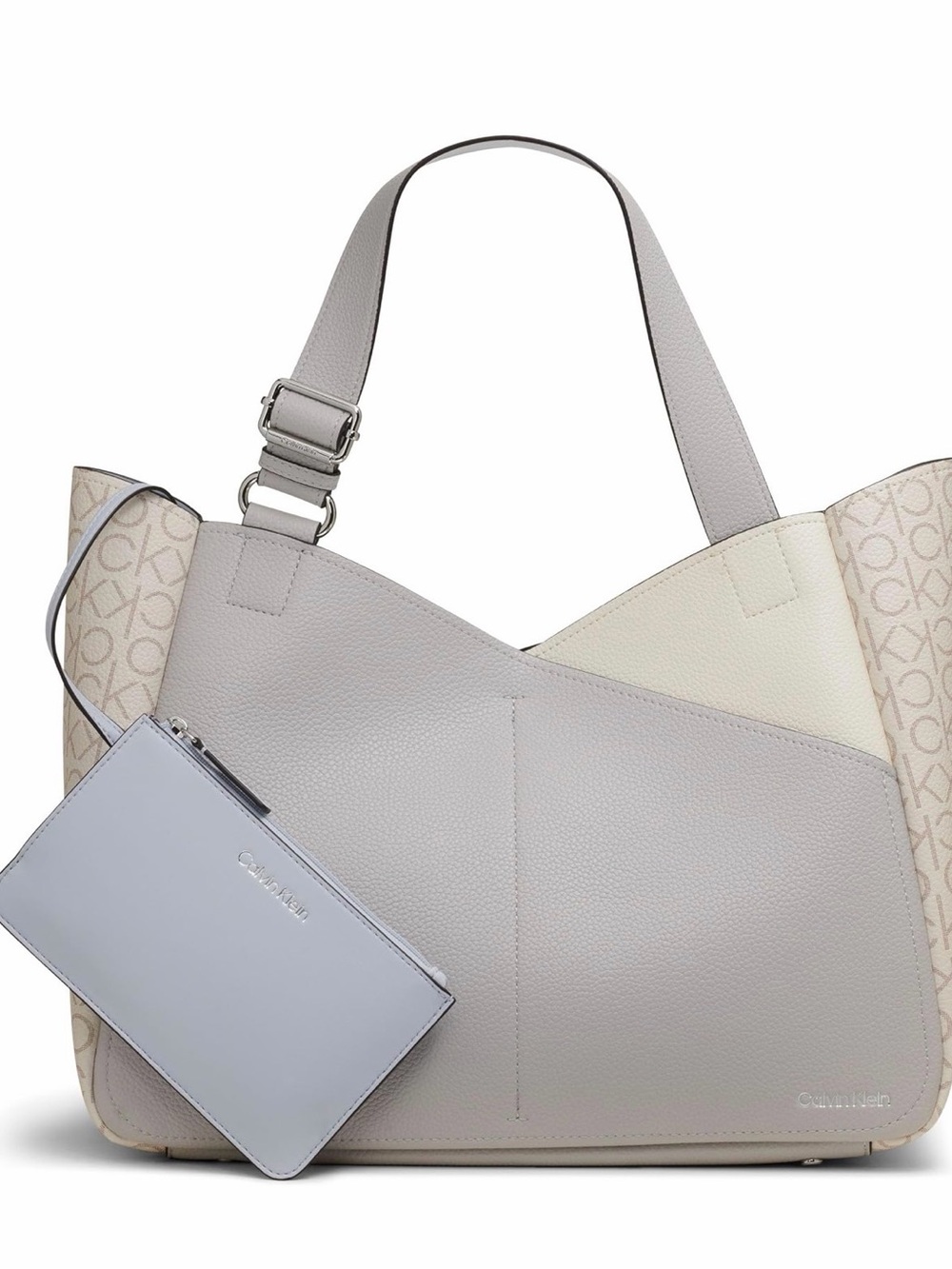 Calvin Klein Light Grey and Cream Two-Tone Tote with Zip Pouch